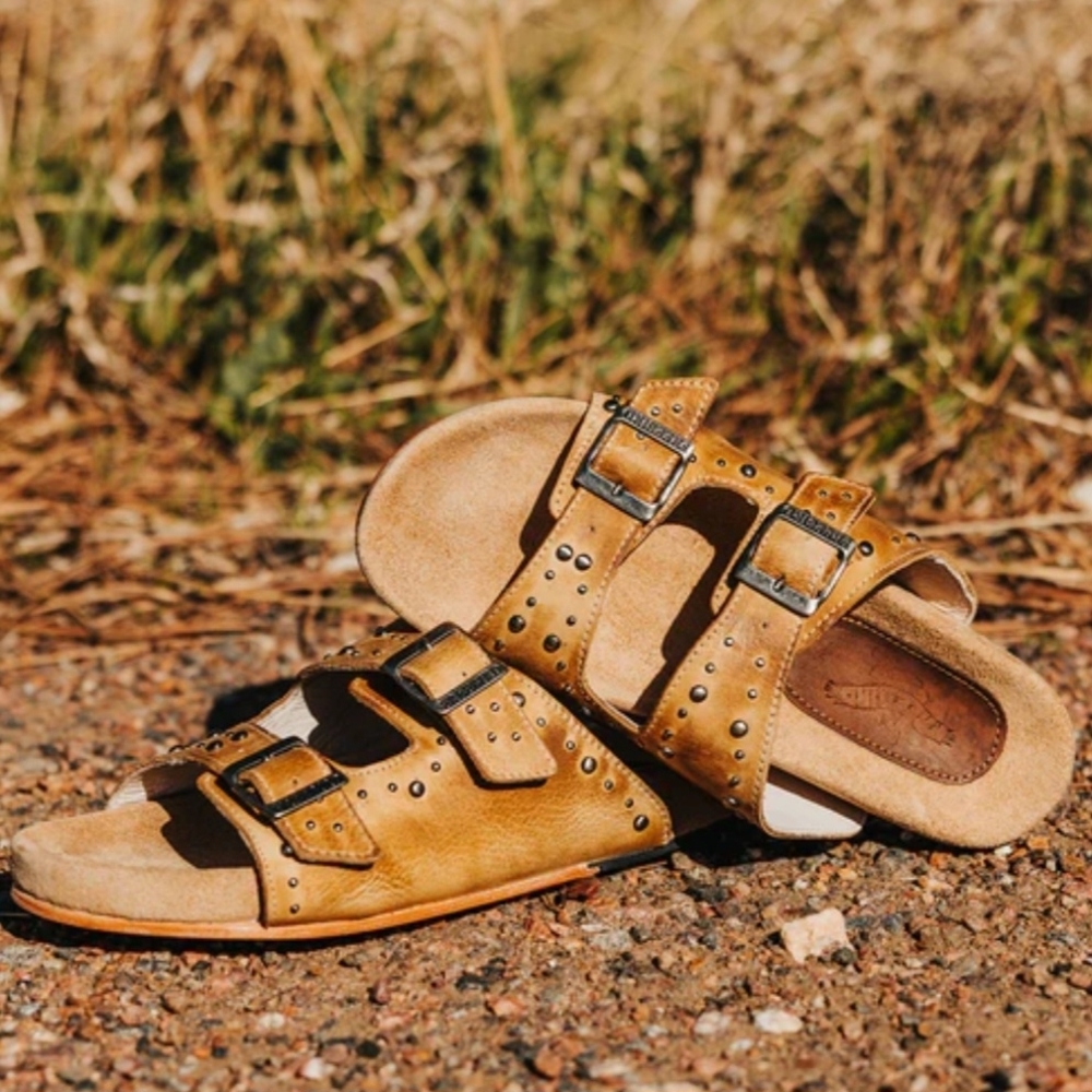 freebird Tan Studded Double-Buckle Slide Sandals